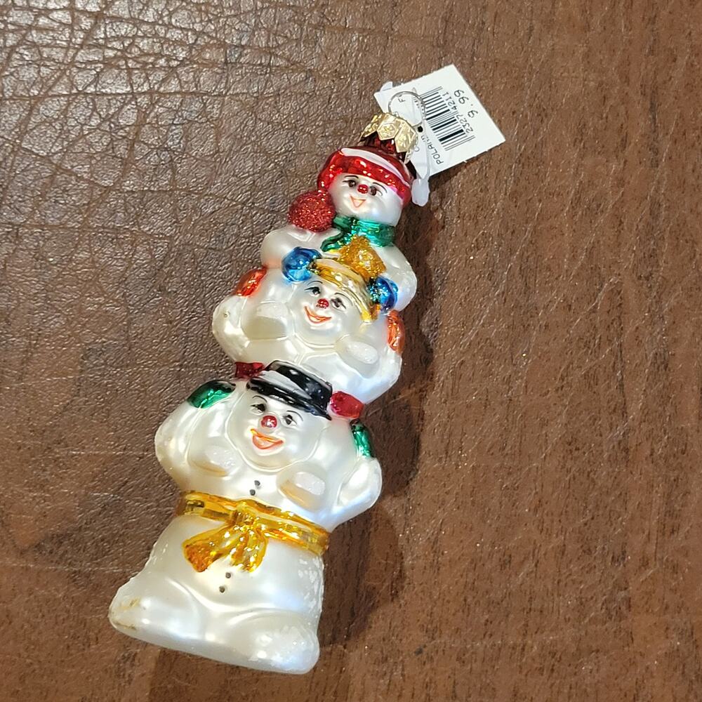 Vintage Snowman Stack Totem Pole Blown Glass Christmas Ornament Made in Poland